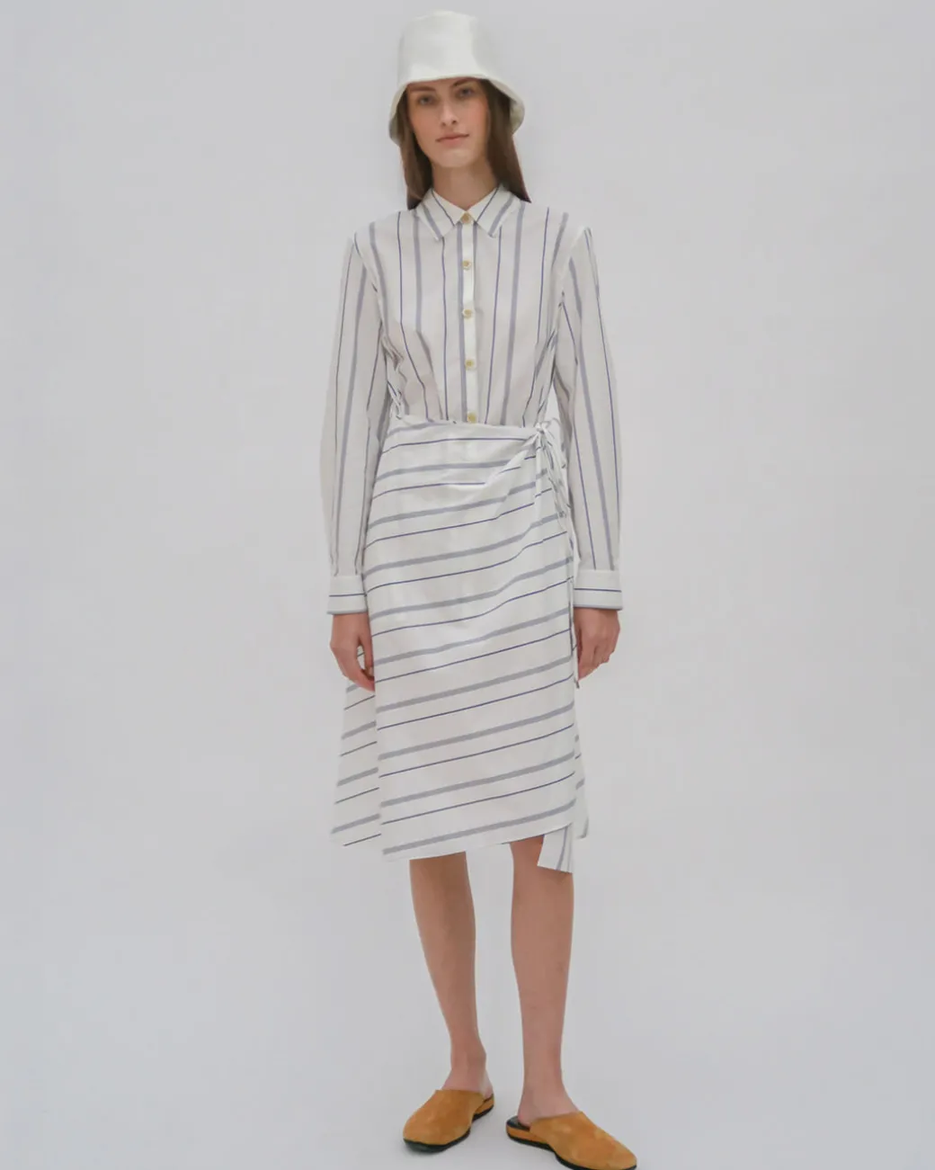 ASYMMETRIC APRON SHIRT - WIDE STRIPE COTTON POPLIN