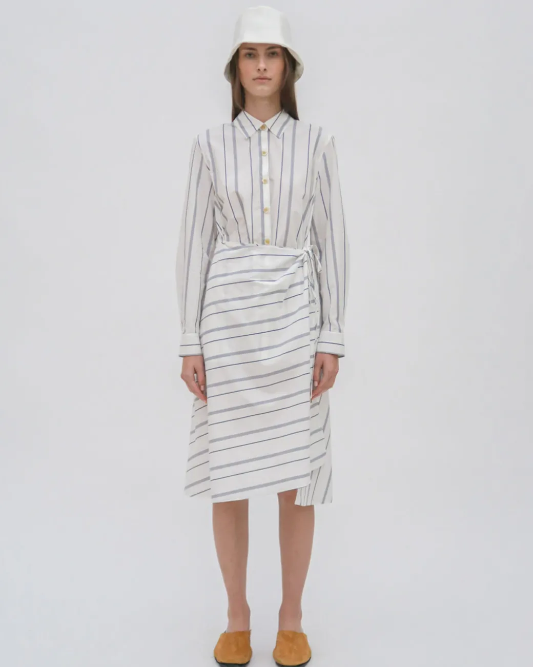 ASYMMETRIC APRON SHIRT - WIDE STRIPE COTTON POPLIN