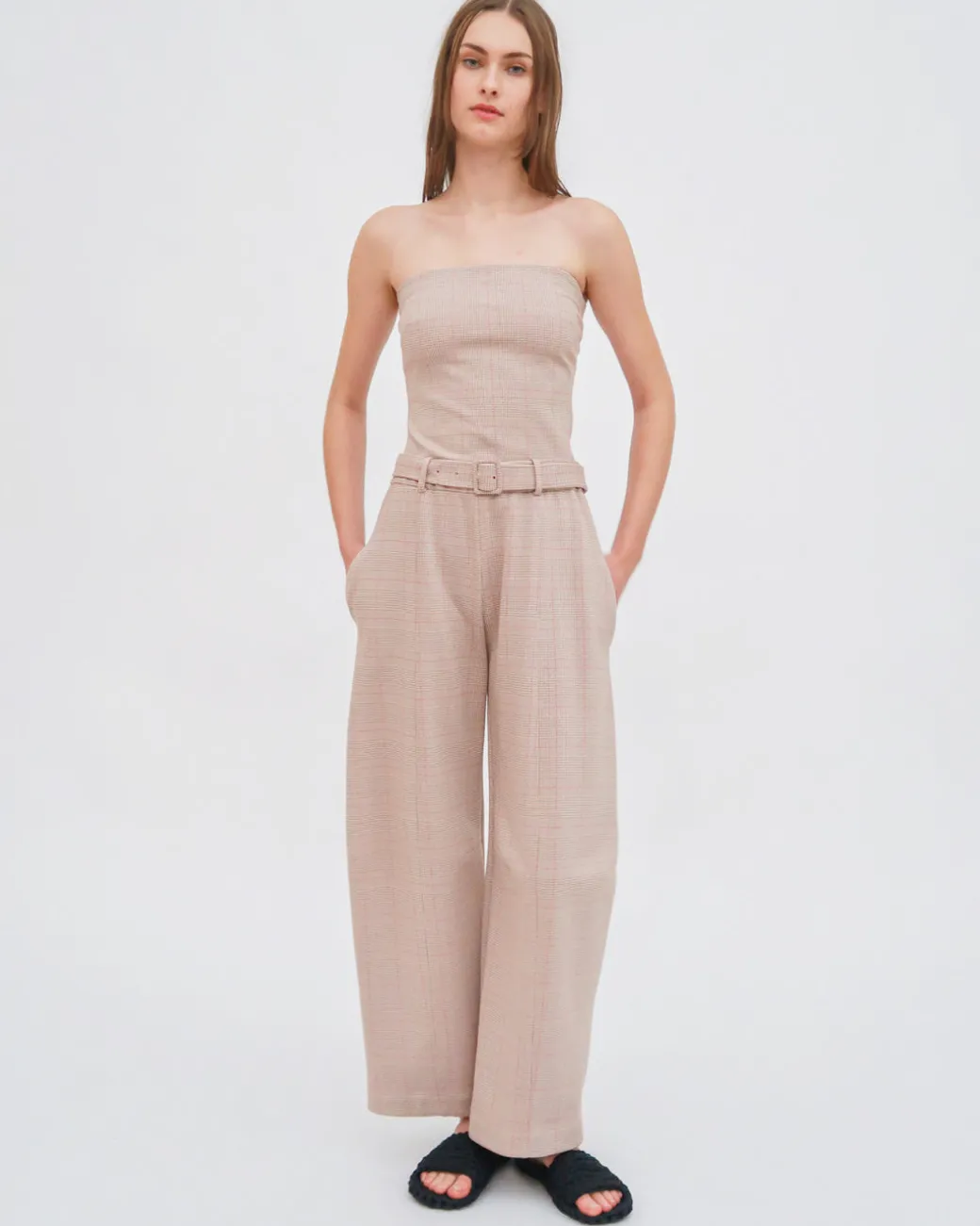 BELTED STRAIGHT TAPER TAB PANT - PLAID