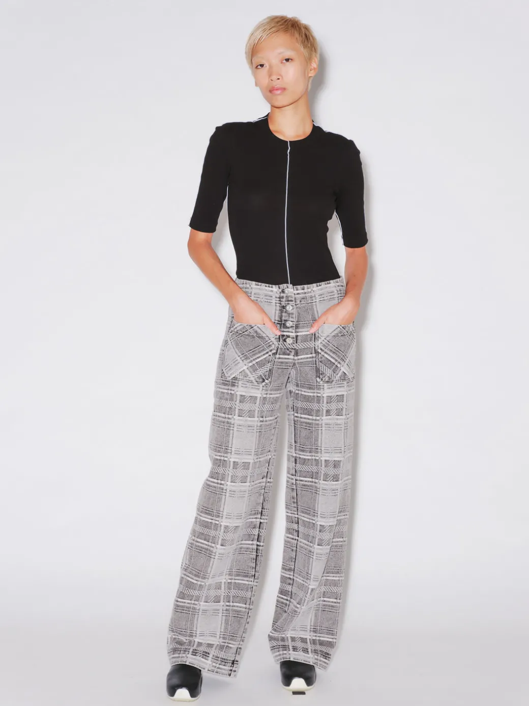 BUTTON FRONT DENIM PANT - PLAID DENIM