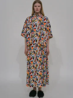 PULL-ON PLEATED MAXI SKIRT - ABSTRACT PAINT LINES