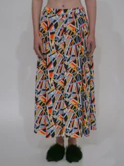 PULL-ON PLEATED MAXI SKIRT - ABSTRACT PAINT LINES