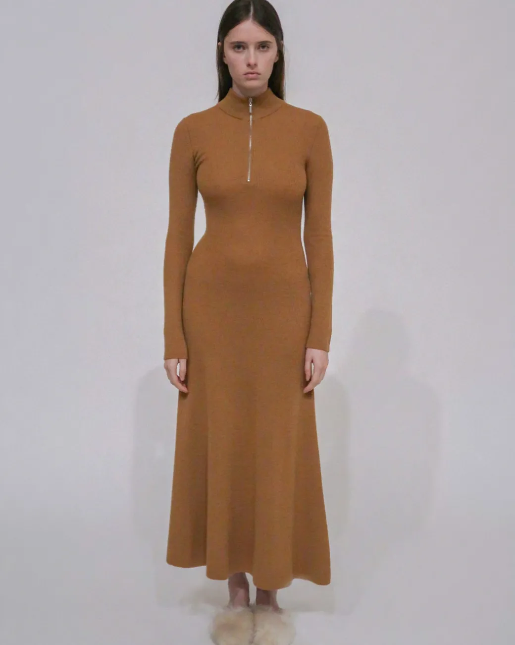 RIBBED ZIP UP TURTLENECK DRESS