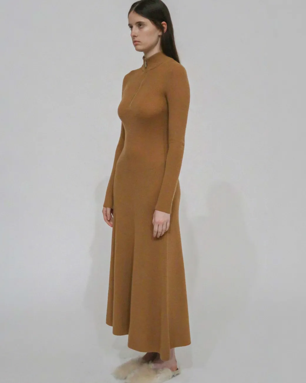 RIBBED ZIP UP TURTLENECK DRESS