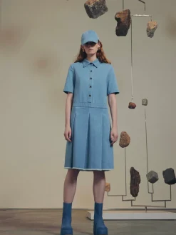 Short Sleeve Pleated Denim Dress
