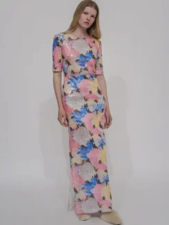 SHORT SLEEVE T-SHIRT GOWN - PAINTED FLORAL SEQUIN