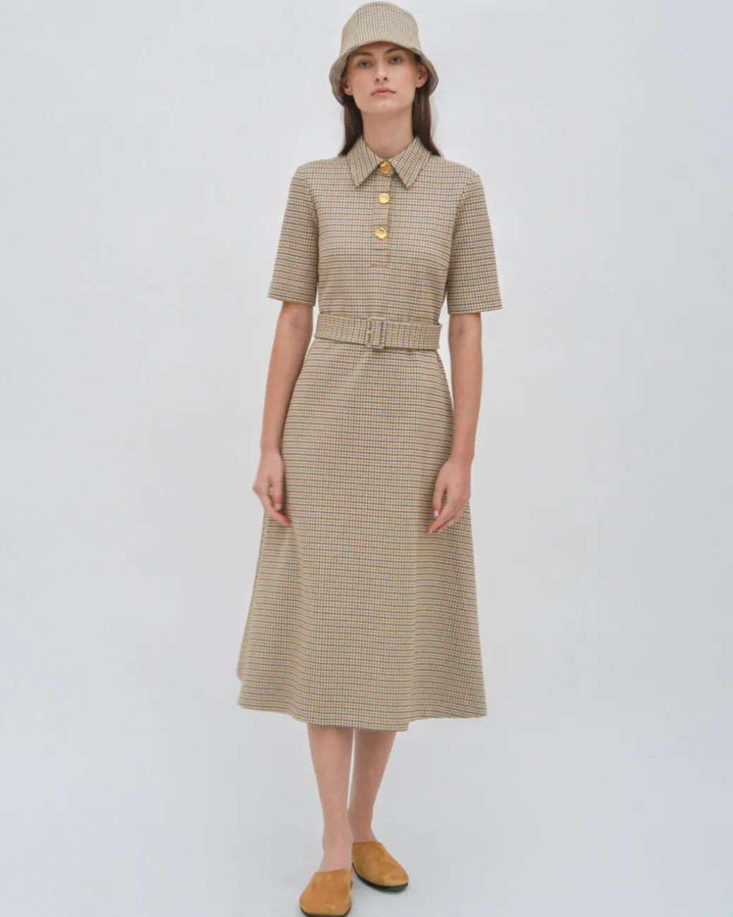SS BELTED SHIRTDRESS - HOUNDSTOOTH PLAID